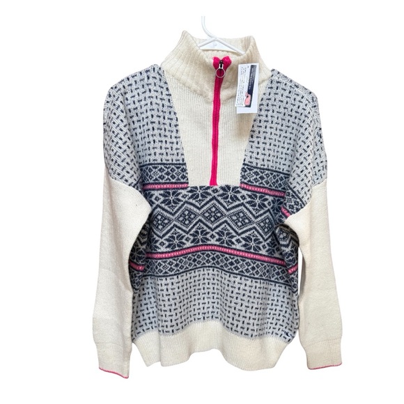 Vineyard Vines Sweaters - Vineyard Vines Cream and Navy Patterned Sweater with Pink Accents